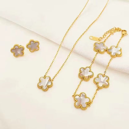 3 Pieces of Stainless Steel Plum Blossom Plant Five Leaf Necklace, Bracelet, Earrings, Women'S Jewelry Set